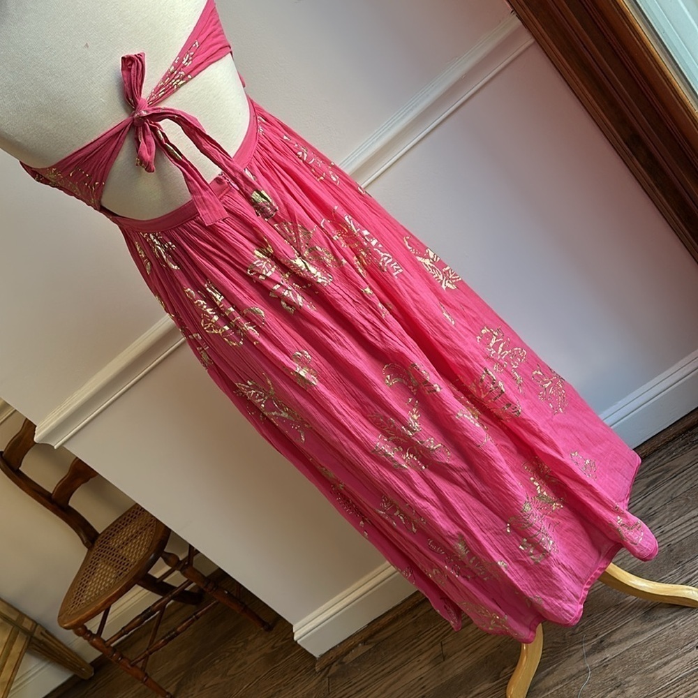 Free People Baja Babe Midi Dress Pink Gold Foil Sleeveless Medium EUC - Picture 5 of 8